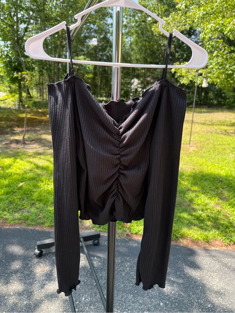 SHEIN Black Ruched Off-Shoulder Long Sleeve Crop Top